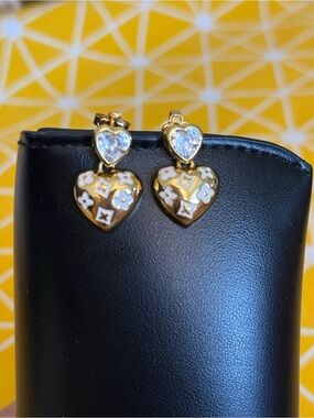 LV Gold Heart Drop Earrings with White Floral Accents